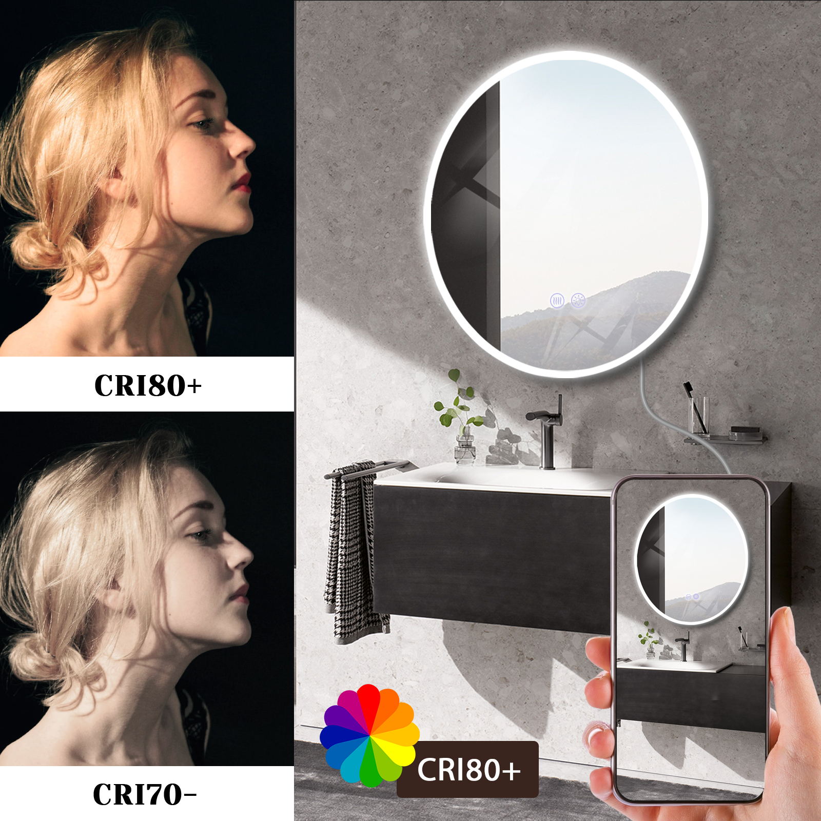 Vergleich von CRI80+ und CRI70- Beleuchtung im Badezimmer mit rundem LED-Spiegel.