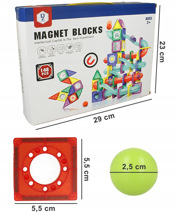 Pudełko z klockami magnetycznymi i wymiarami, pokazujące kwadratowy element magnetyczny i zieloną piłkę.
