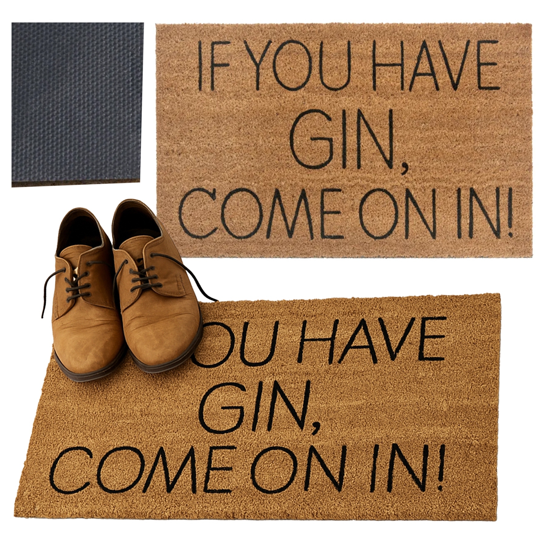 Kokosowa wycieraczka z napisem 'IF YOU HAVE GIN, COME ON IN!' i dwoma brązowymi butami.
