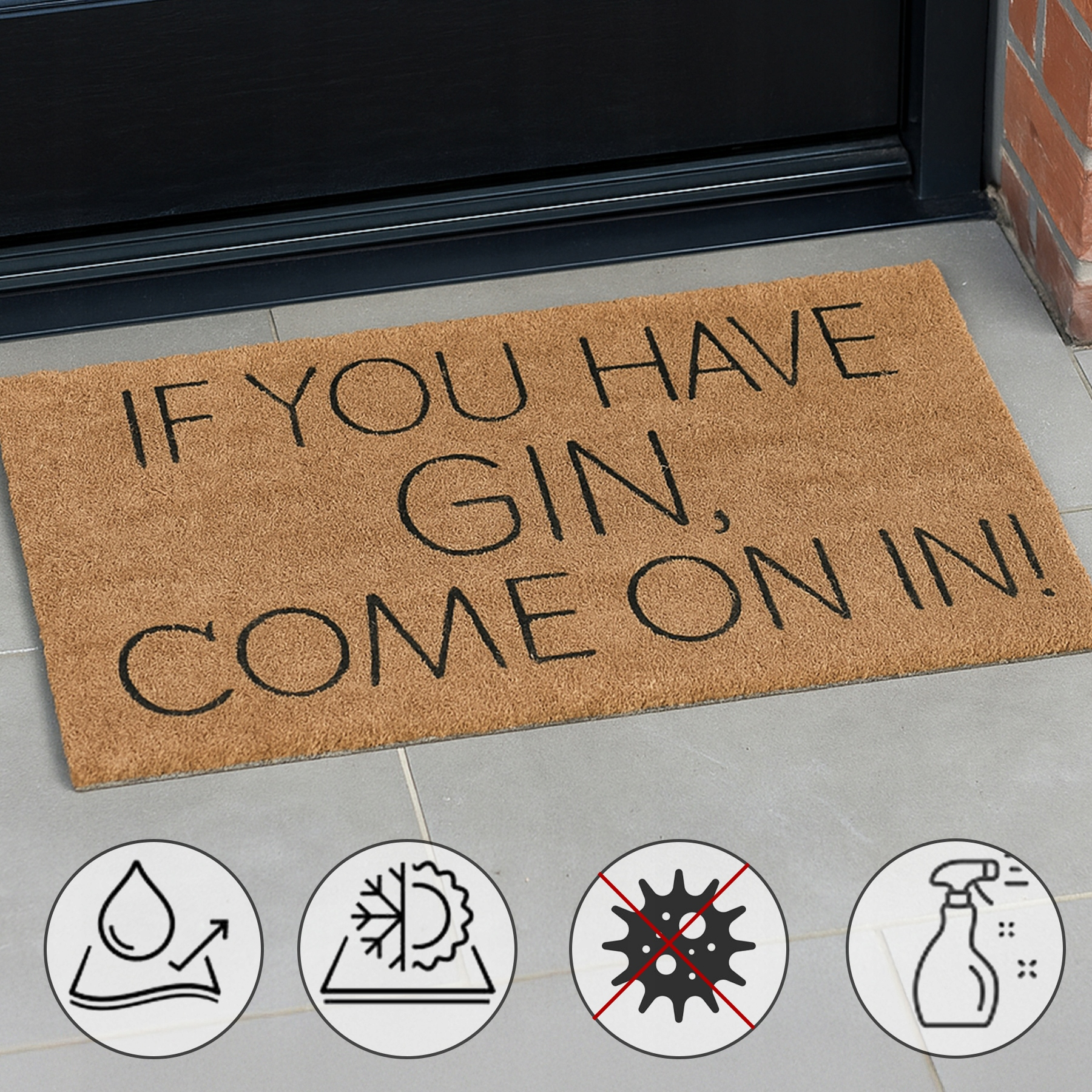 Brązowa wycieraczka z napisem 'IF YOU HAVE GIN, COME ON IN!' umieszczona przed ciemnymi drzwiami.