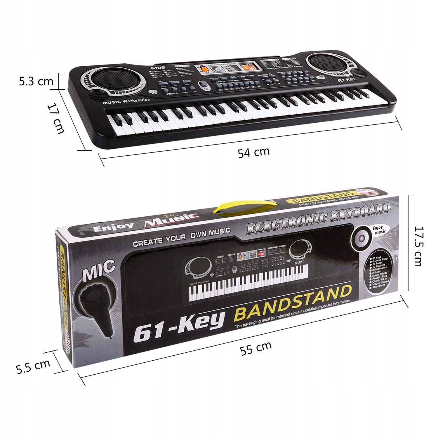 Czarne elektroniczne keyboard z 61 klawiszami i wymiarami oraz jego kolorowe pudełko.