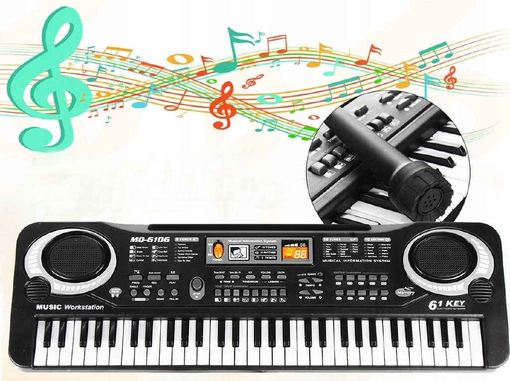 Czarne pianino elektroniczne z 61 klawiszami, mikrofonem i nutami w tle.
