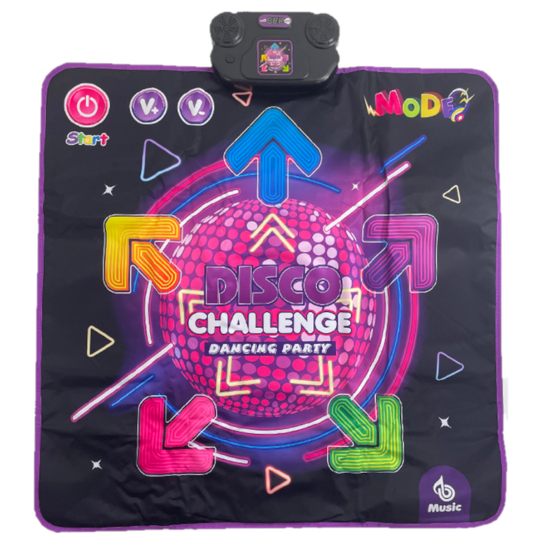 Czarna mata taneczna Disco Challenge z panelem sterowania, kolorowymi strzałkami i kulą dyskotekową.