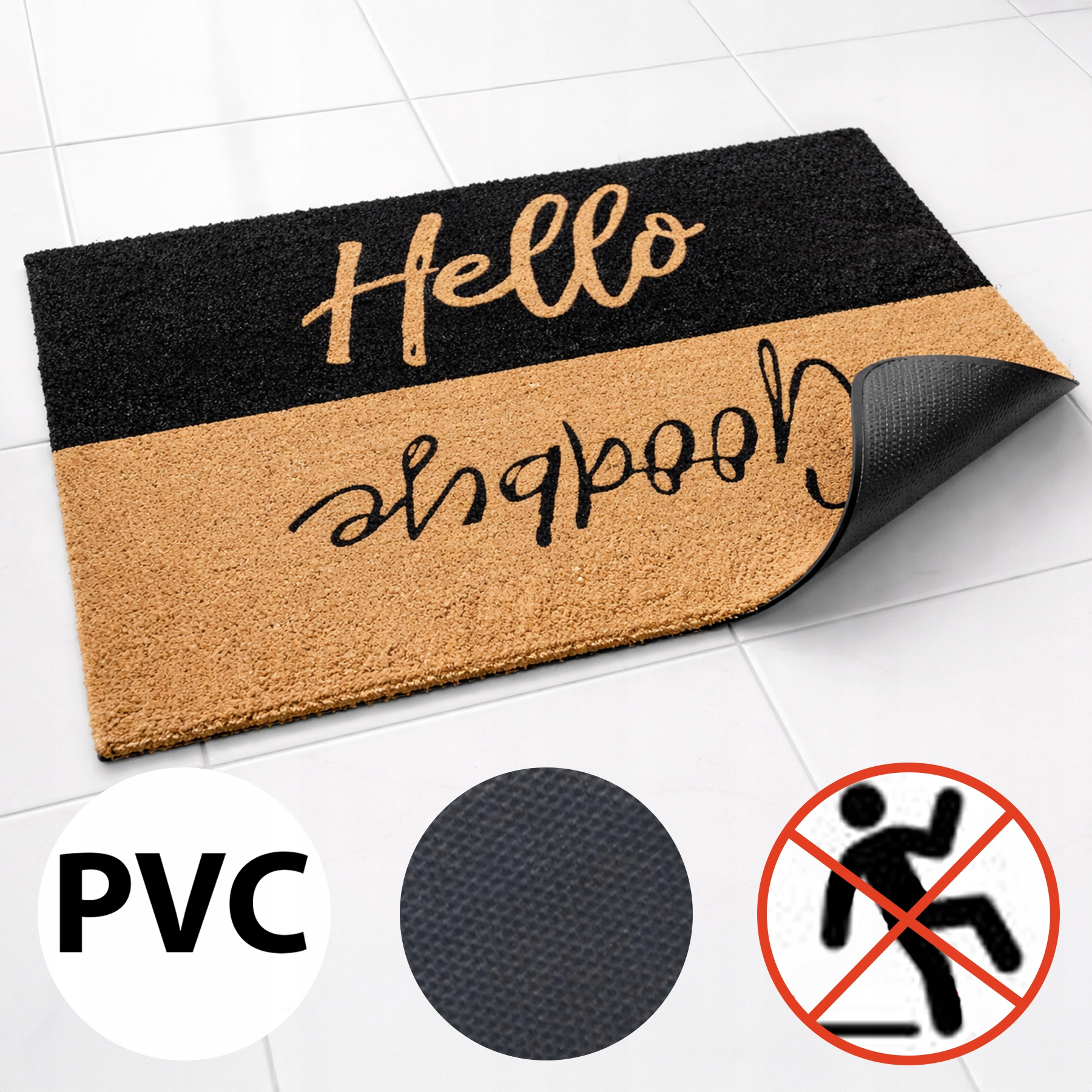 Dwukolorowa wycieraczka z napisem Hello i Goodbye, z antypoślizgowym spodem z PVC.