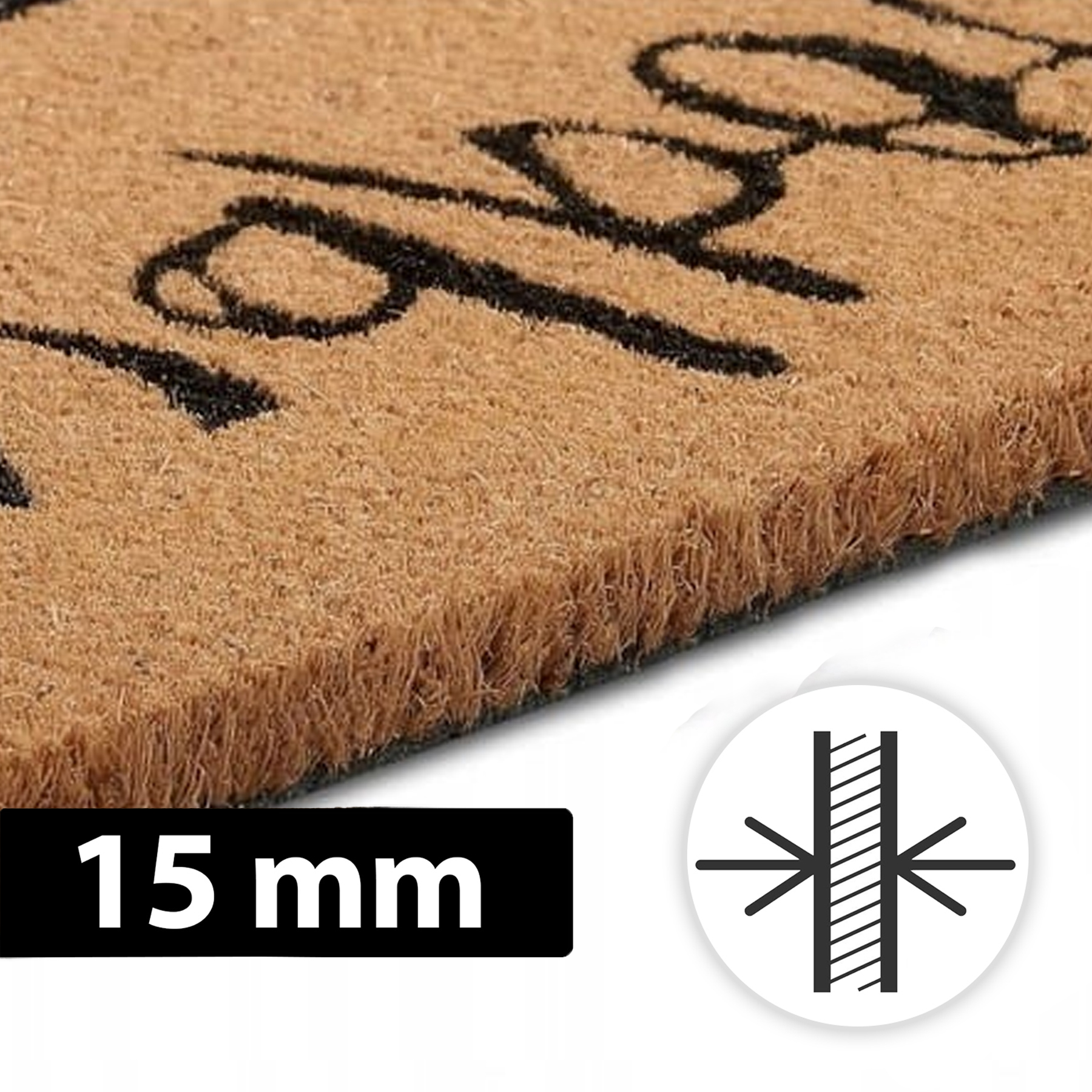 Zbliżenie brązowej wycieraczki kokosowej z czarnym tekstem, pokazujące grubość 15 mm.
