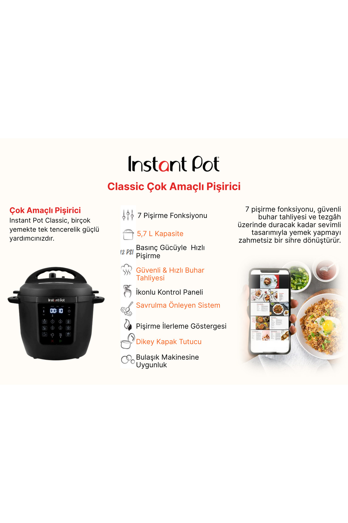 Reklama szybkowaru Instant Pot, przedstawiająca funkcje, czarny garnek i telefon z przepisami.