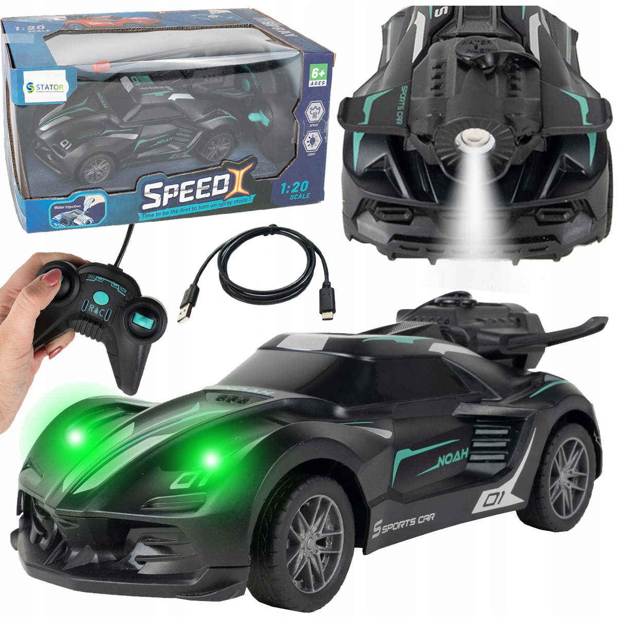 Czarny samochód sportowy RC z zielonymi światłami, opakowanie, pilot i kabel USB.