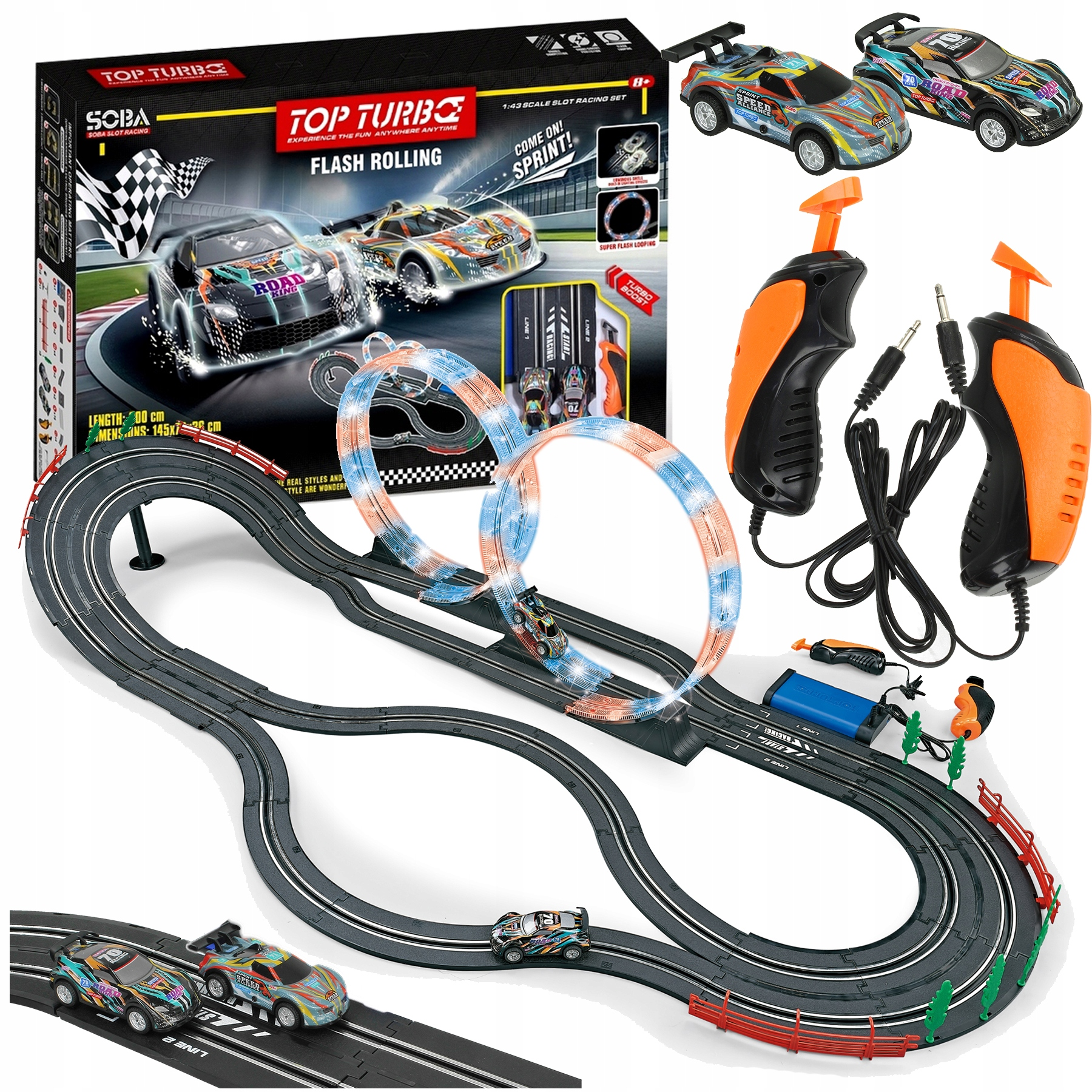 Zestaw toru wyścigowego z dwoma pętlami, dwoma samochodami, dwoma kontrolerami i kolorowym pudełkiem.
