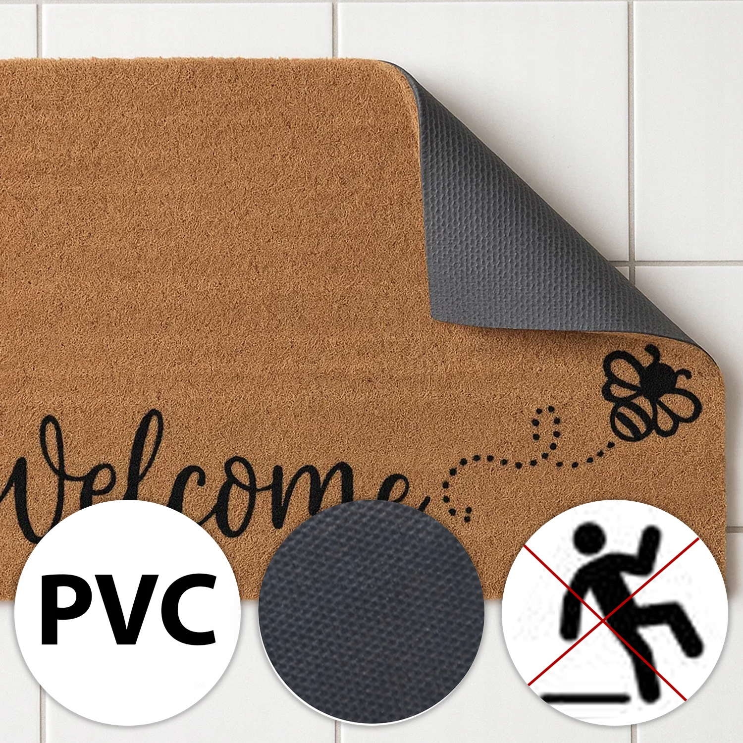 Brązowa wycieraczka z napisem "Welcome", pszczołą i antypoślizgowym spodem z PVC na białych kafelkach.
