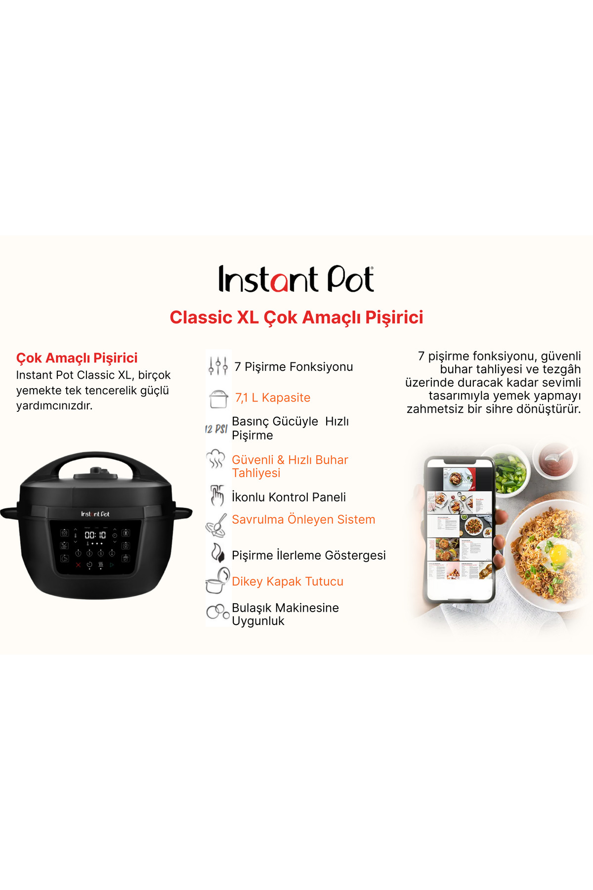 Wielofunkcyjny garnek Instant Pot Classic XL o pojemności 7,1 L z cyfrowym wyświetlaczem i funkcjami.