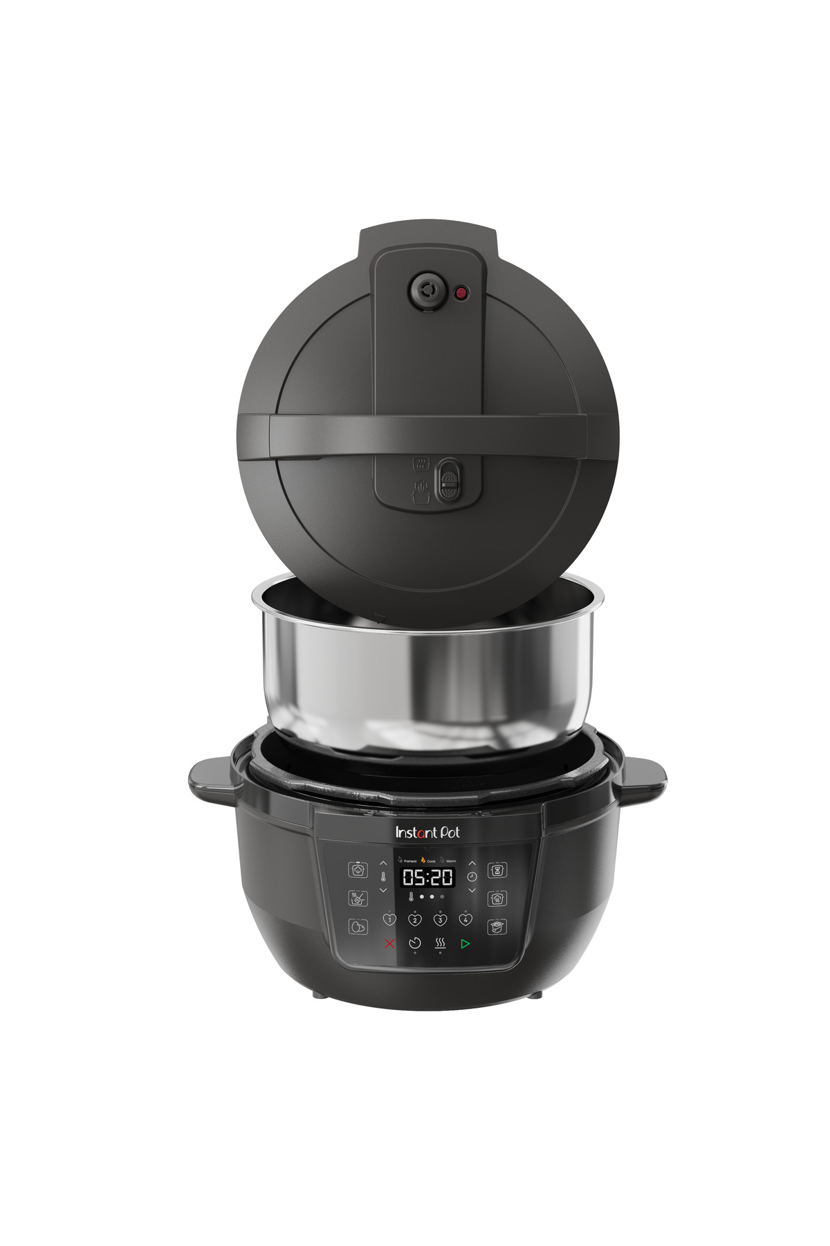 Czarny Instant Pot z pokrywą i garnkiem wewnętrznym ułożonymi pionowo na białym tle.