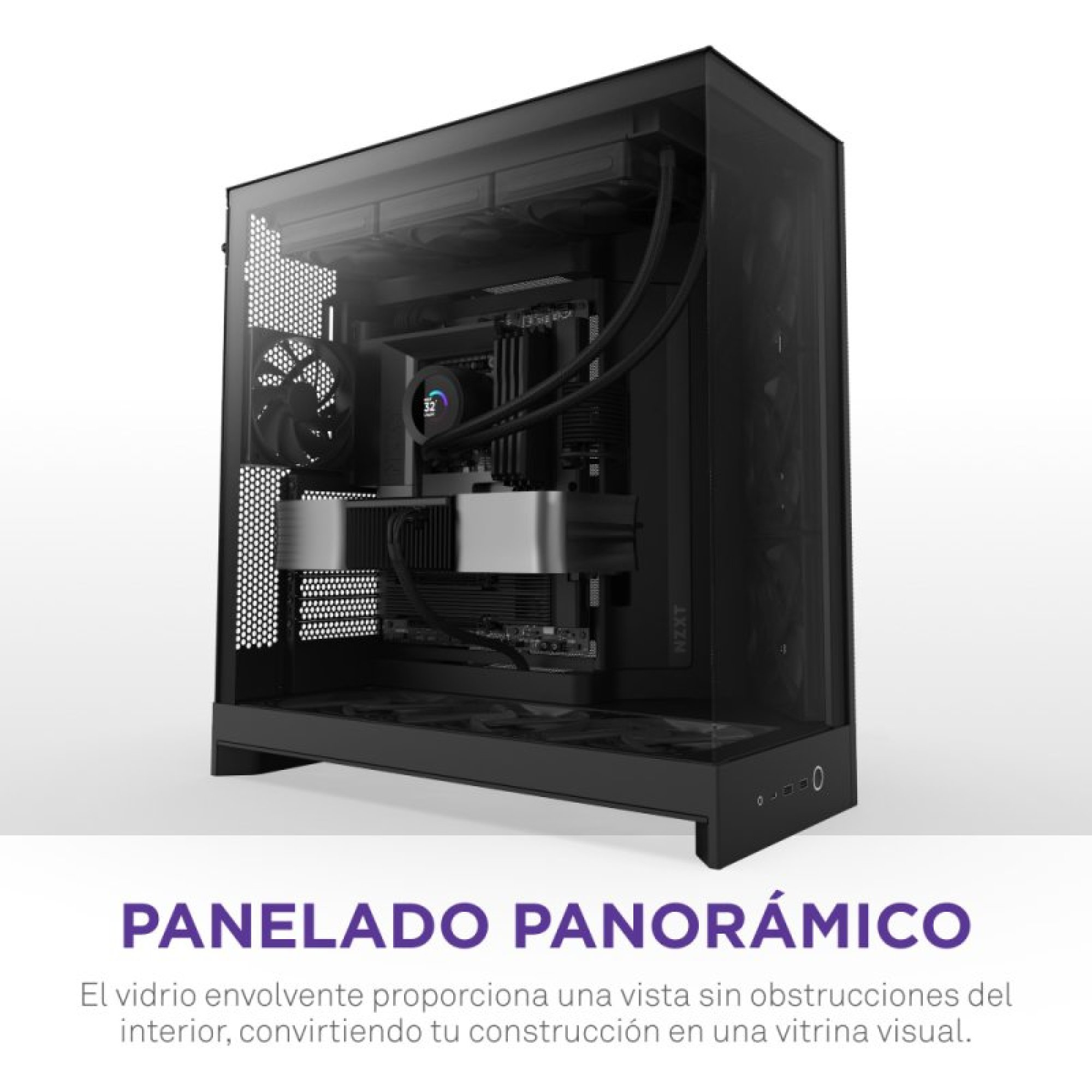 Ein schwarzes PC-Gehäuse mit transparenten Glasscheiben zeigt Innenkomponenten, Flüssigkühlung und eine Grafikkarte.