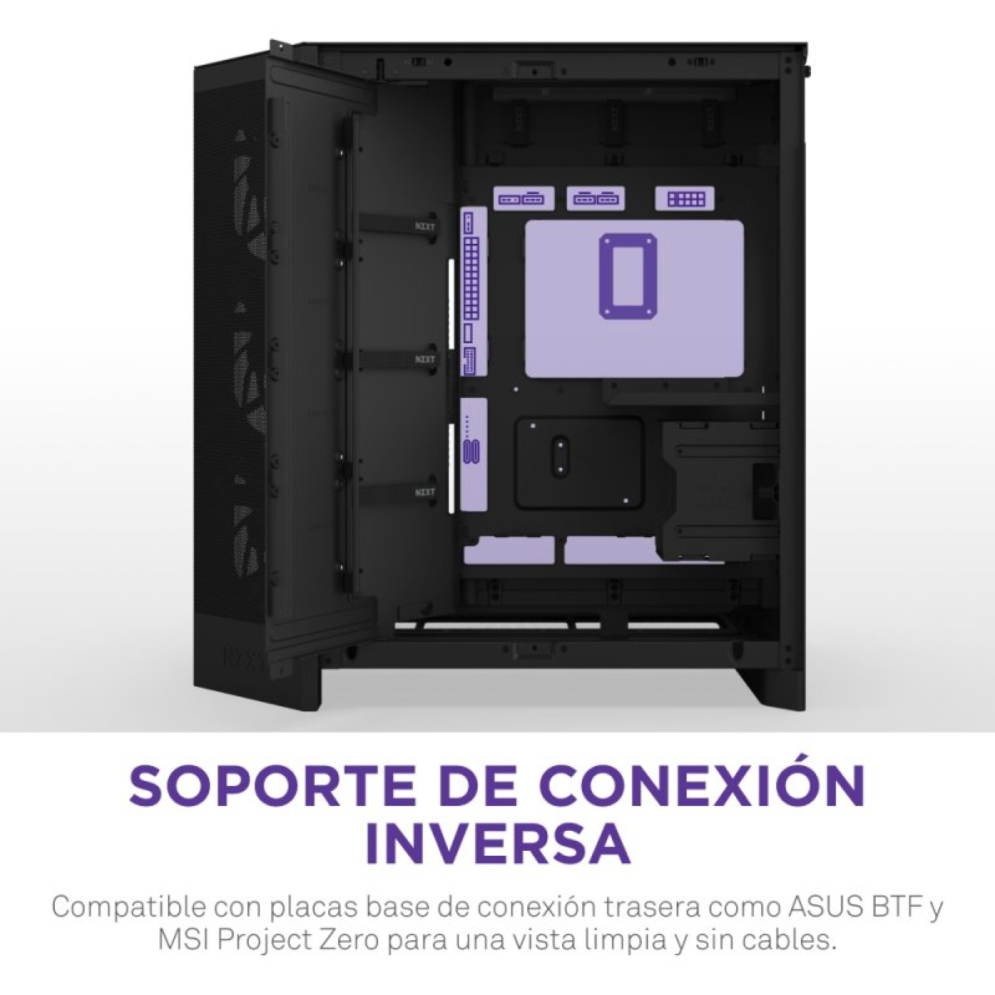 Ein schwarzes PC-Gehäuseinnere mit lila Akzenten und Text unten: SOPORTE DE CONEXION INVERSA.