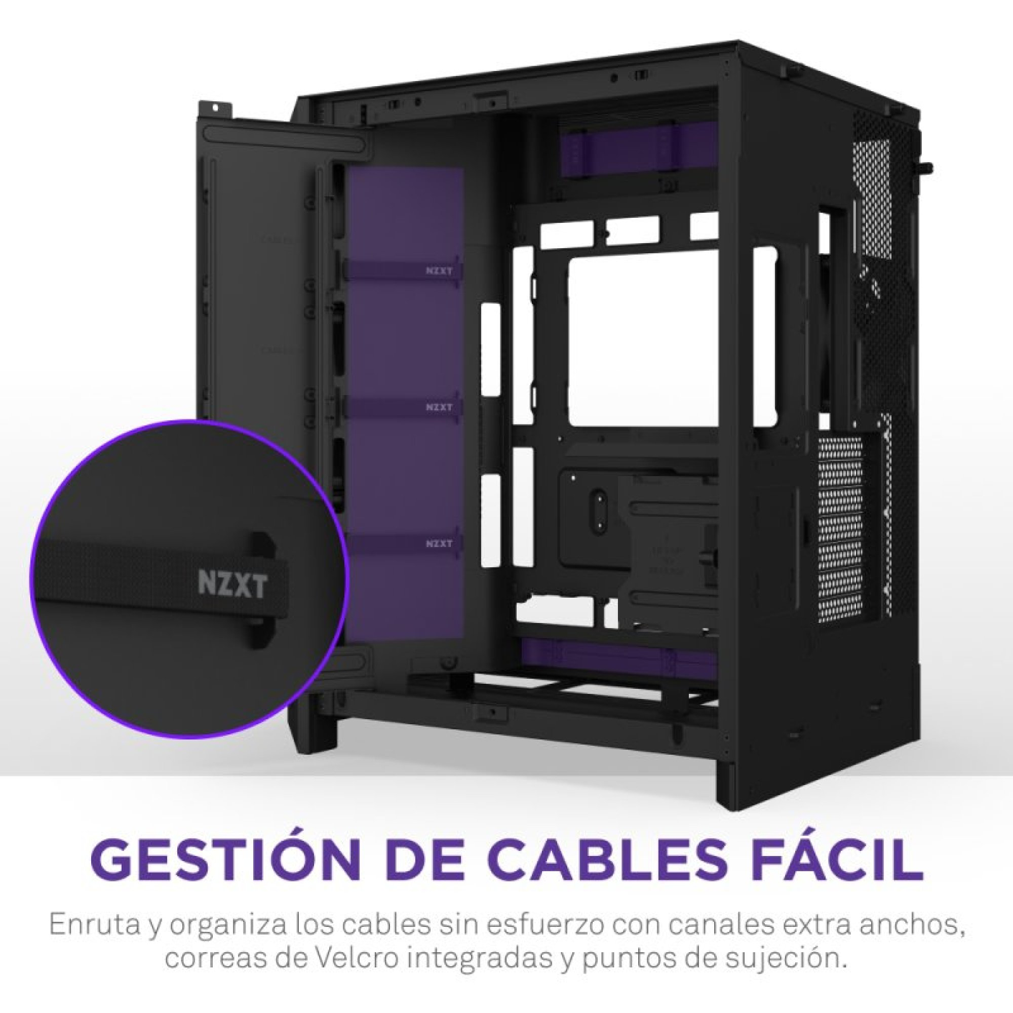 Ein schwarzes PC-Gehäuse mit lila Akzenten, Kabelmanagementsystem und einer Nahaufnahme eines NZXT-Klettverschlusses.