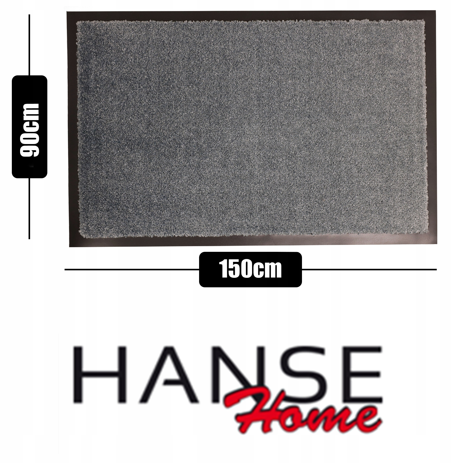 Szara wycieraczka o wymiarach 90x150 cm z logo Hanse Home poniżej.