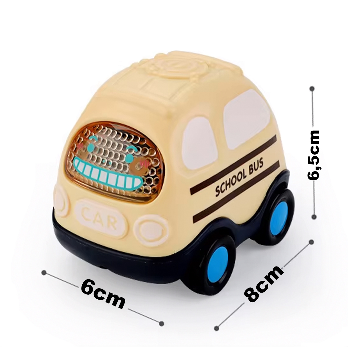 Mały żółty autobus szkolny z niebieskimi kołami, o wymiarach 6 cm szerokości, 8 cm długości i 6,5 cm wysokości.