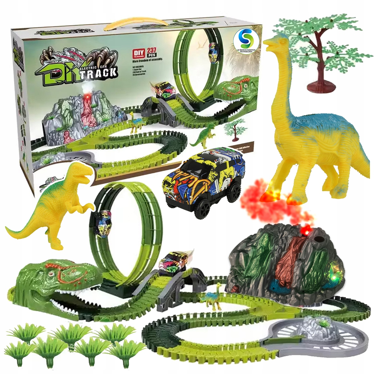Zestaw toru wyścigowego z dinozaurami, autami, wulkanem i drzewami.