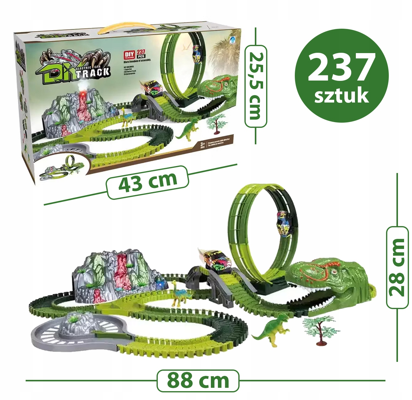 Zestaw toru wyścigowego z dinozaurami, autami, pętlą i wulkanem, wymiary i 237 sztuk.