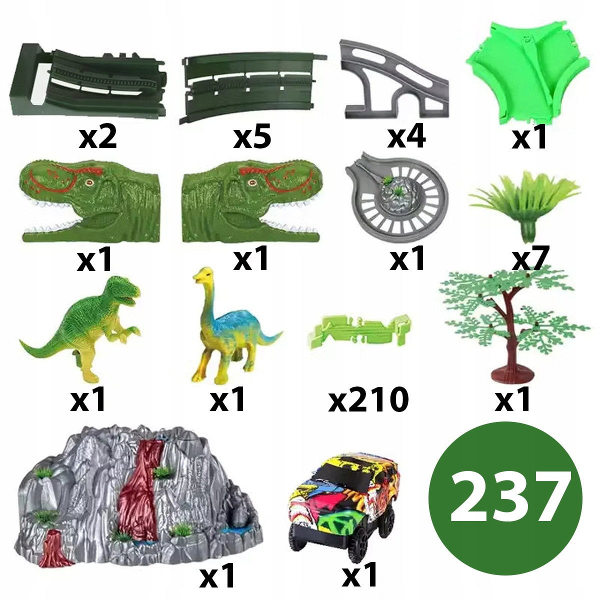 Zestaw z dinozaurami zawierający tor, głowy T-Rexa, figurki, drzewa, wulkan i auto.