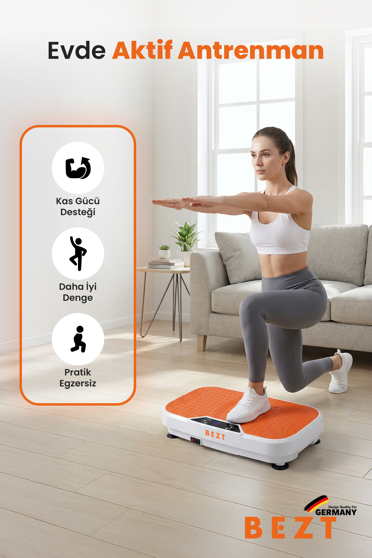 Spor kıyafetli bir kadın, koltuğun önündeki turuncu beyaz titreşimli plaka üzerinde lunge yapıyor.