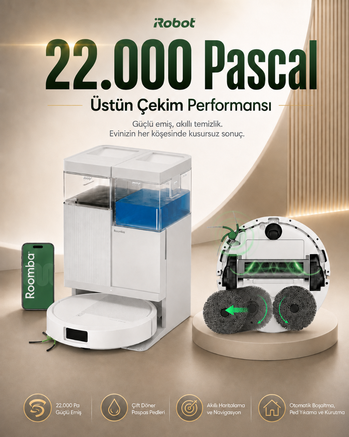 Un robot aspirapolvere Roomba bianco con stazione e smartphone, il testo promuove 22.000 Pascal.