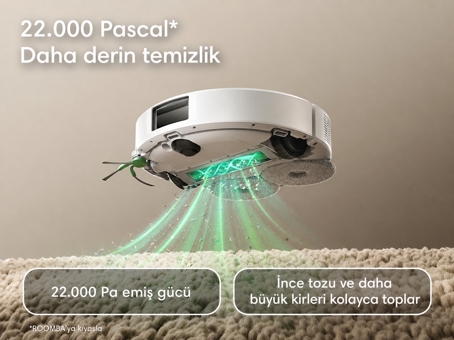 Robot aspirapolvere con 22.000 Pa rimuove lo sporco dal tappeto.