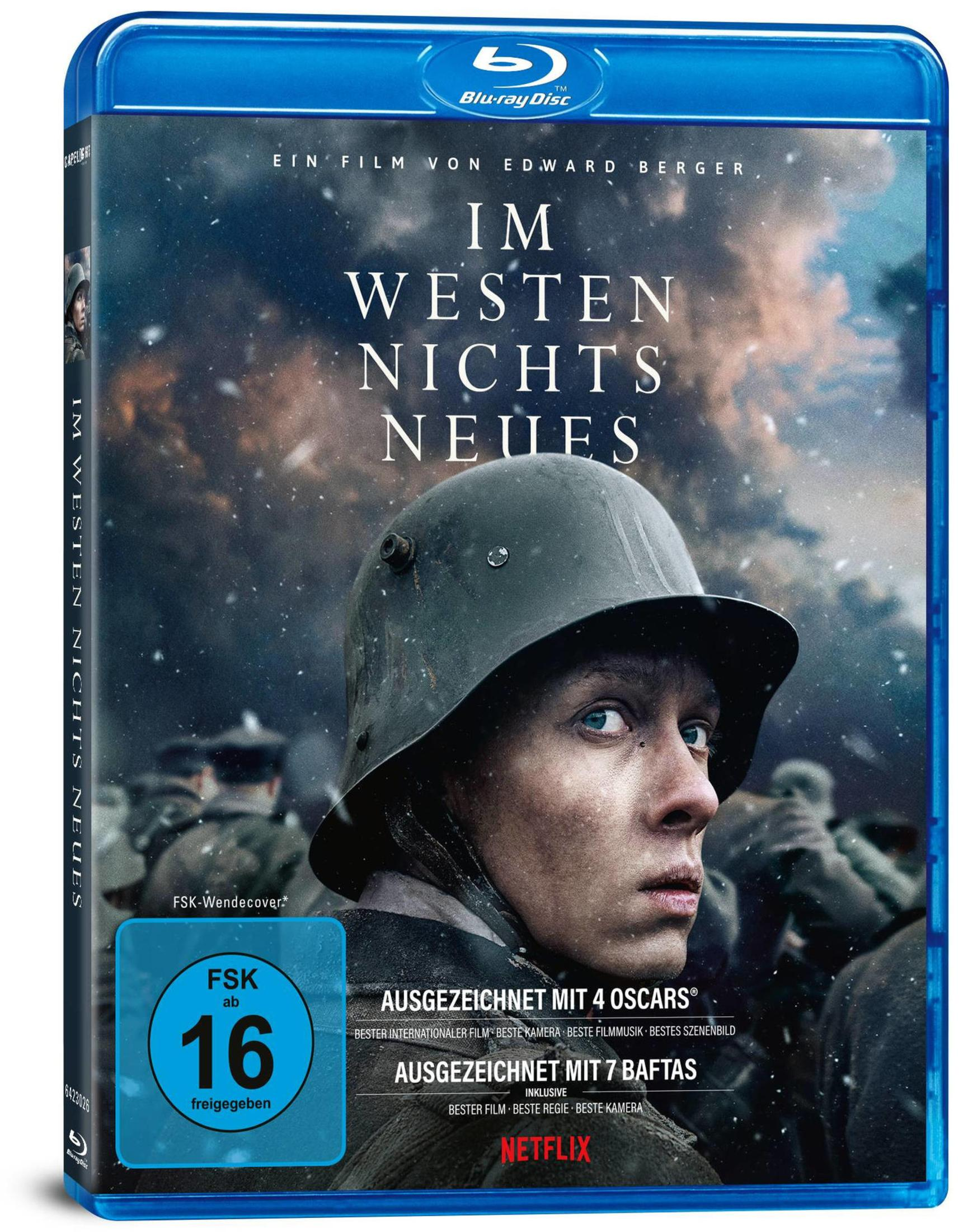 Blu-ray-Hülle des Films Im Westen nichts Neues mit einem Soldaten im Stahlhelm und verschneitem Schlachtfeld.