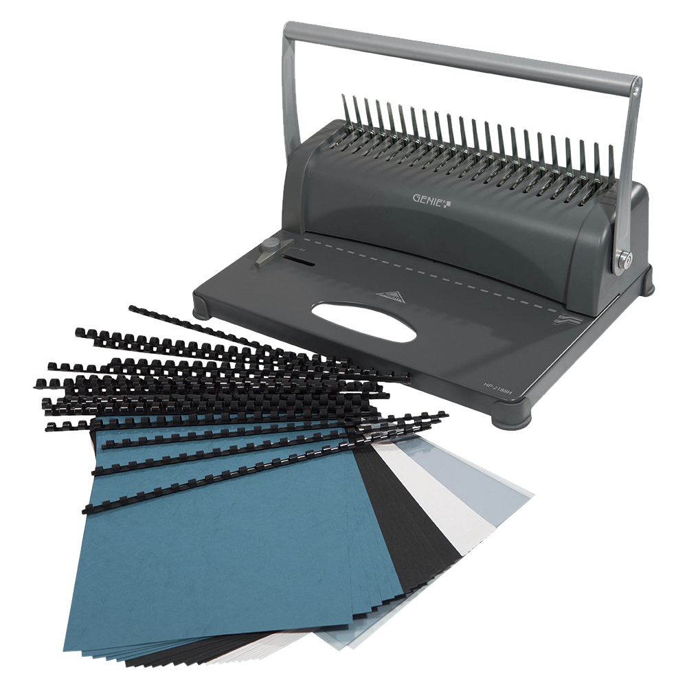 Eine graue Bindemaschine mit Griff, dazu schwarze Plastik-Binderücken und verschiedene Deckblätter.