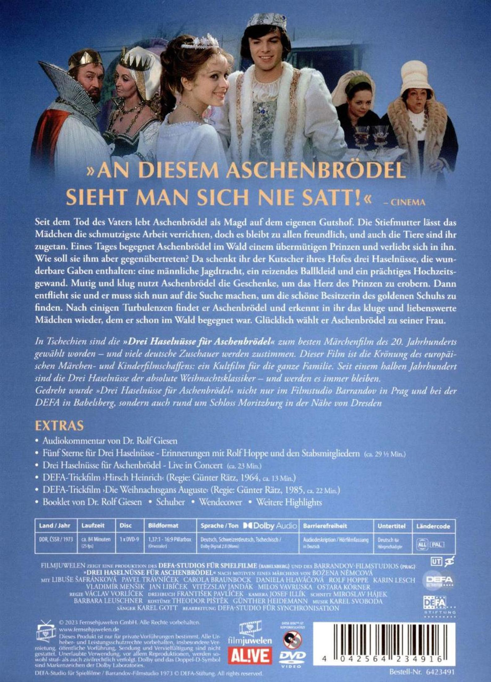 Filmcover für Drei Haselnüsse für Aschenbrödel mit Text und Bildern der Charaktere.