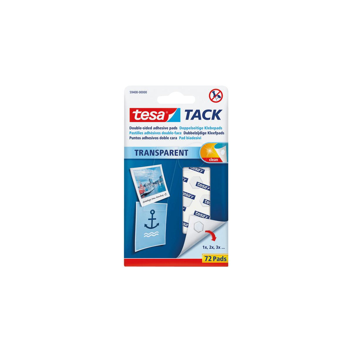 Verpackung von Tesa Tack transparent, doppelseitige Klebepads für Fotos und leichte Gegenstände.