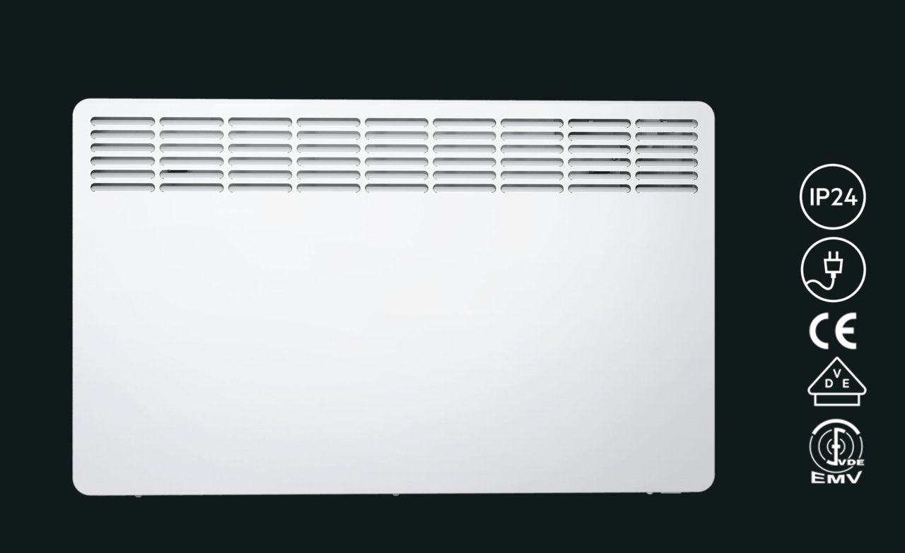 Un termosifone bianco con fessure di ventilazione in alto e simboli di certificazione a destra su sfondo nero.