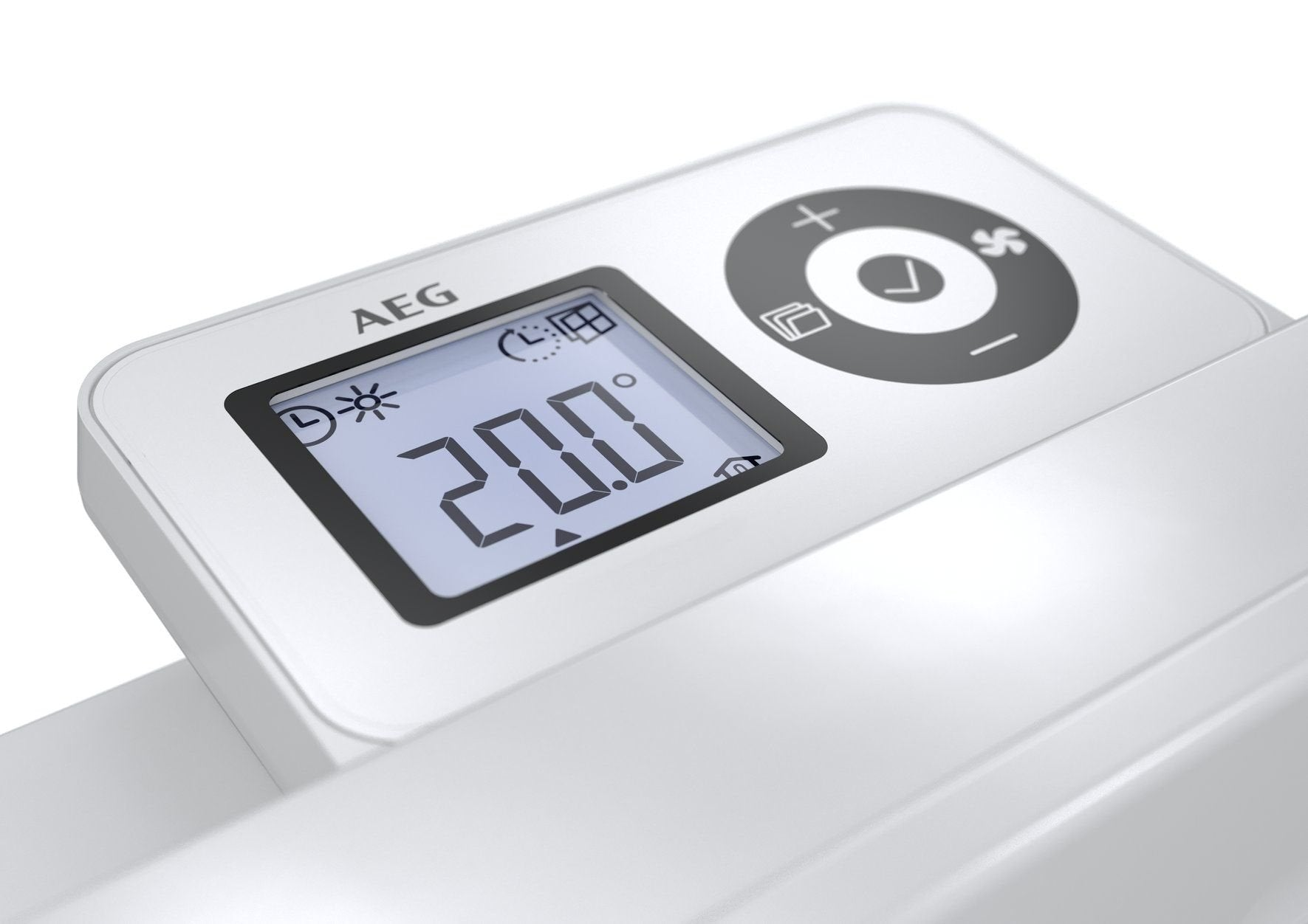 Un termostato bianco AEG con display digitale mostra 20,0 gradi, accanto c'è un pannello di controllo grigio.