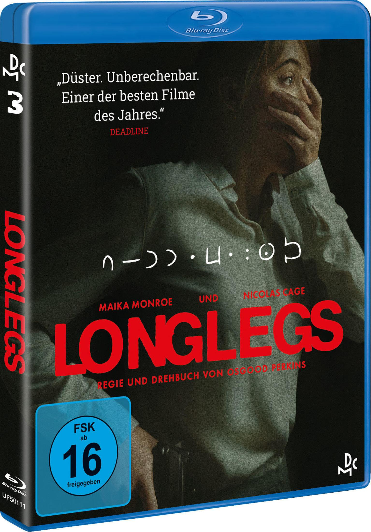 Blu-ray-Hülle des Films Longlegs mit einer Frau, die ihr Gesicht mit der Hand verdeckt.
