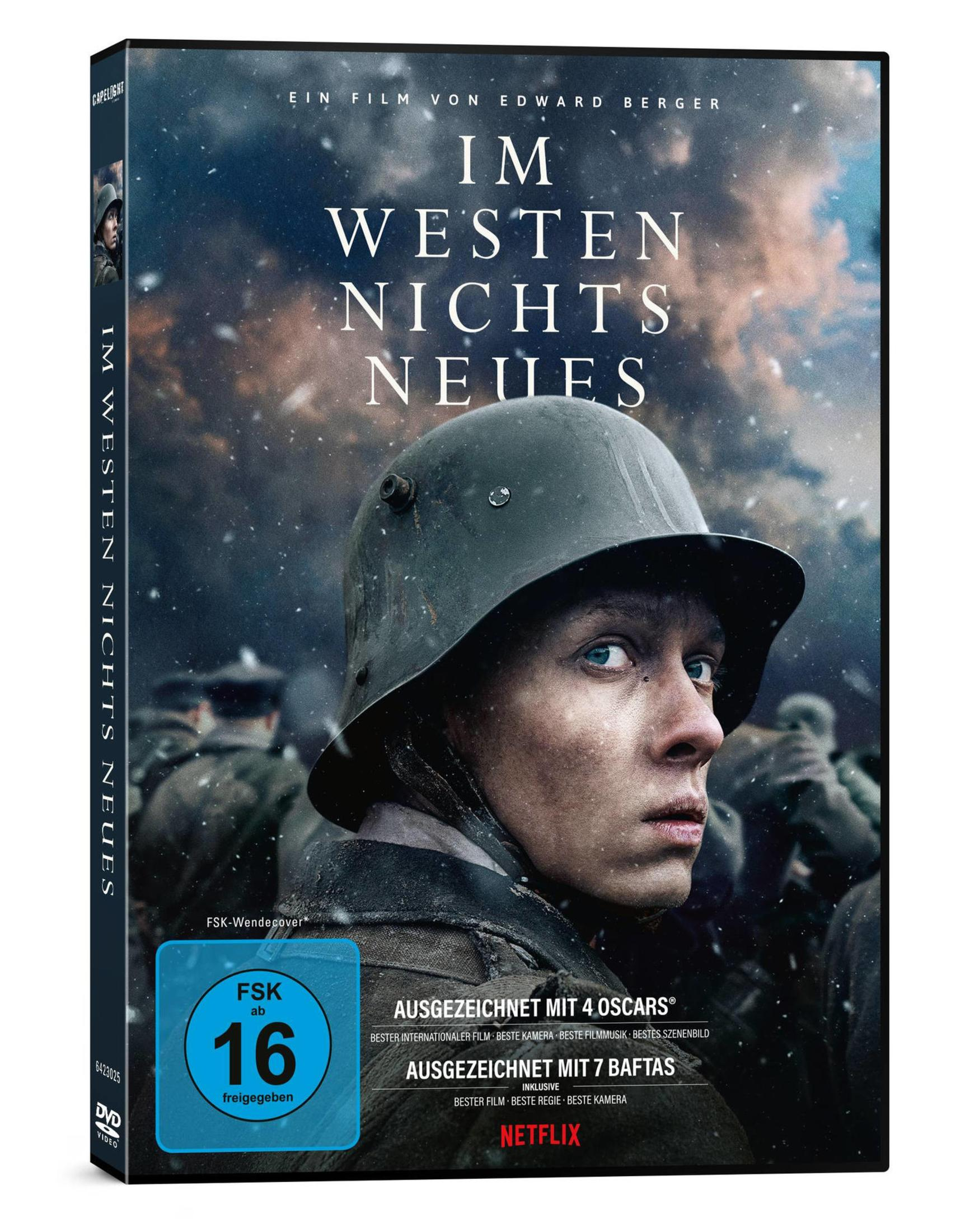 DVD-Cover von Im Westen nichts Neues mit einem jungen Soldaten in einem Helm im Schnee.