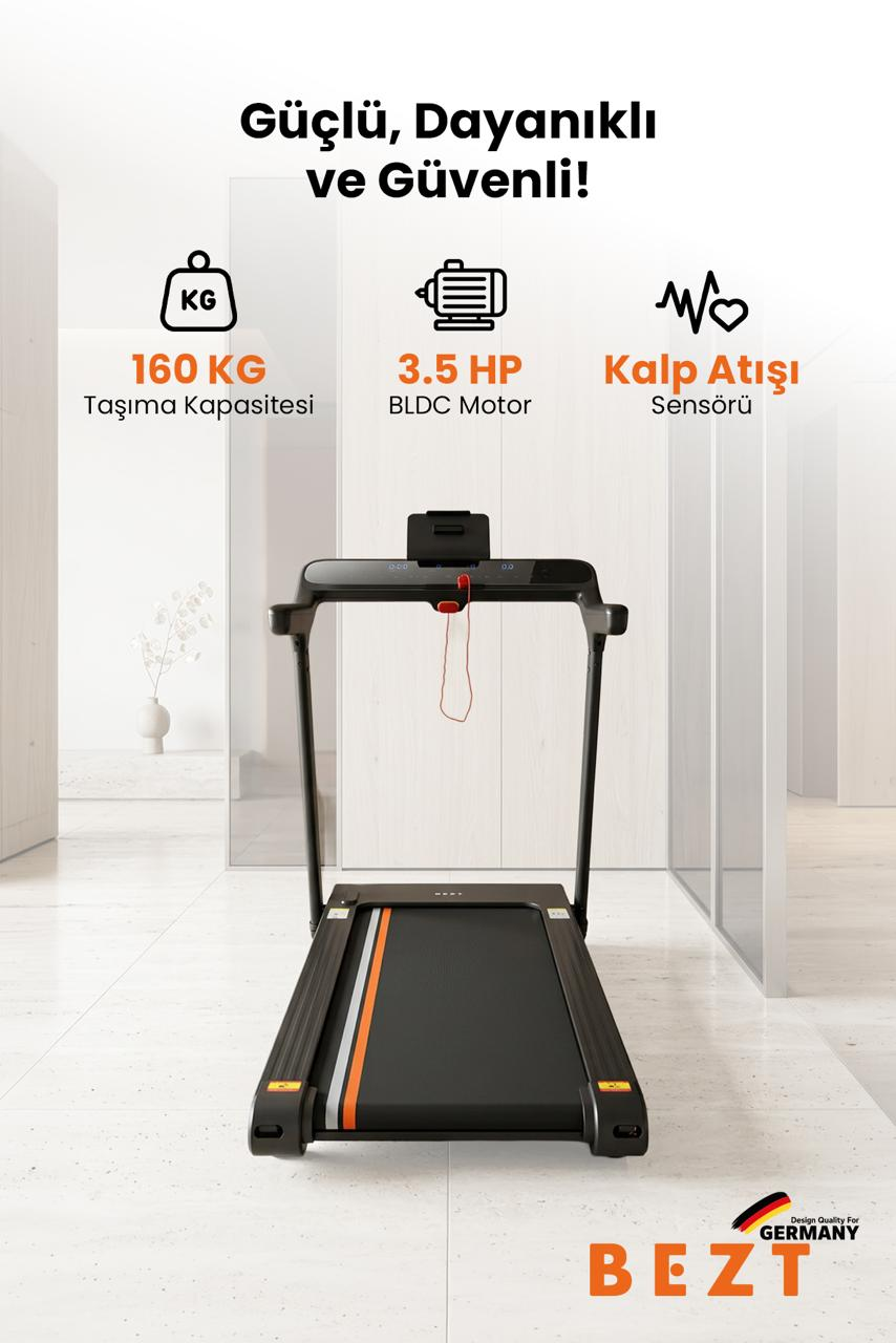 160 kg kapasite, 3.5 HP motor ve kalp atışı sensörünü gösteren simgelerle aydınlık odada siyah bir koşu bandı.