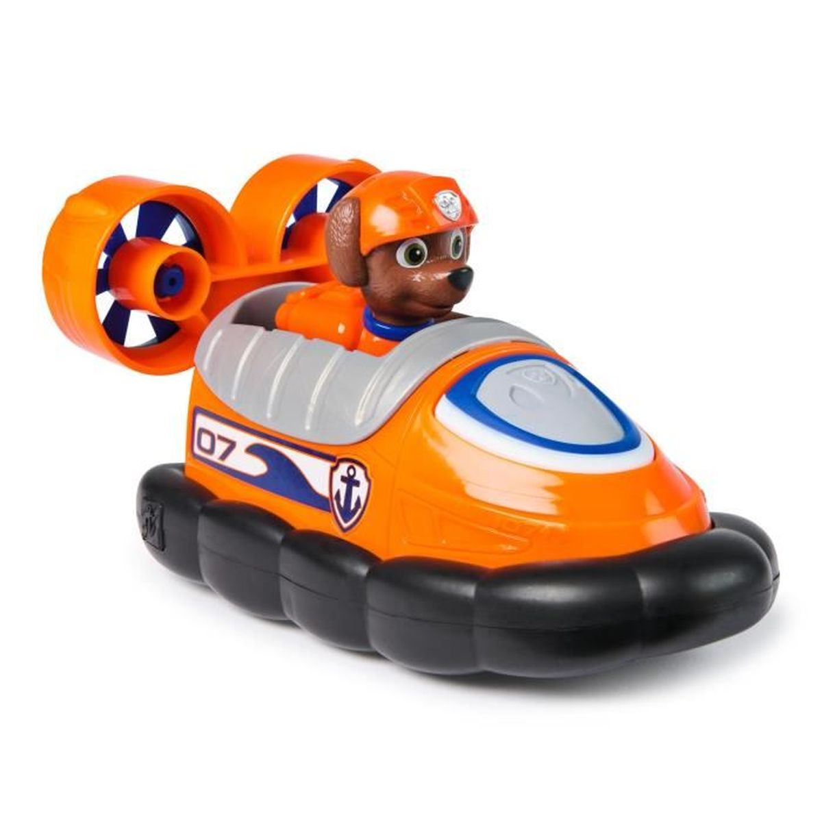 Ein orangefarbenes Paw Patrol Hovercraft-Spielzeug mit einer Hunde-Figur sitzt am Steuer.
