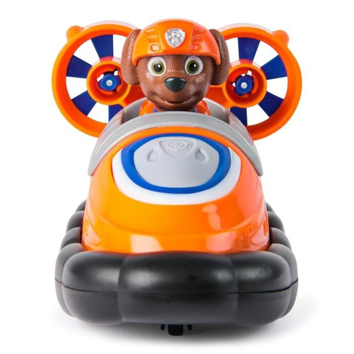 Eine Spielfigur von Zuma aus Paw Patrol in einem orangen Luftkissenboot mit blauen Propellern.