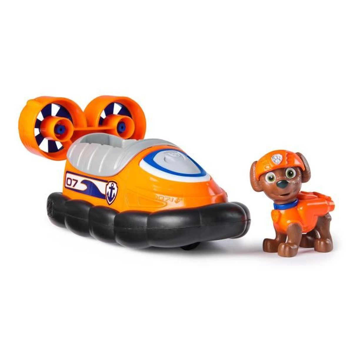 Eine Spielfigur von Zuma aus Paw Patrol steht neben seinem orangen Luftkissenfahrzeug mit zwei großen Propellern.