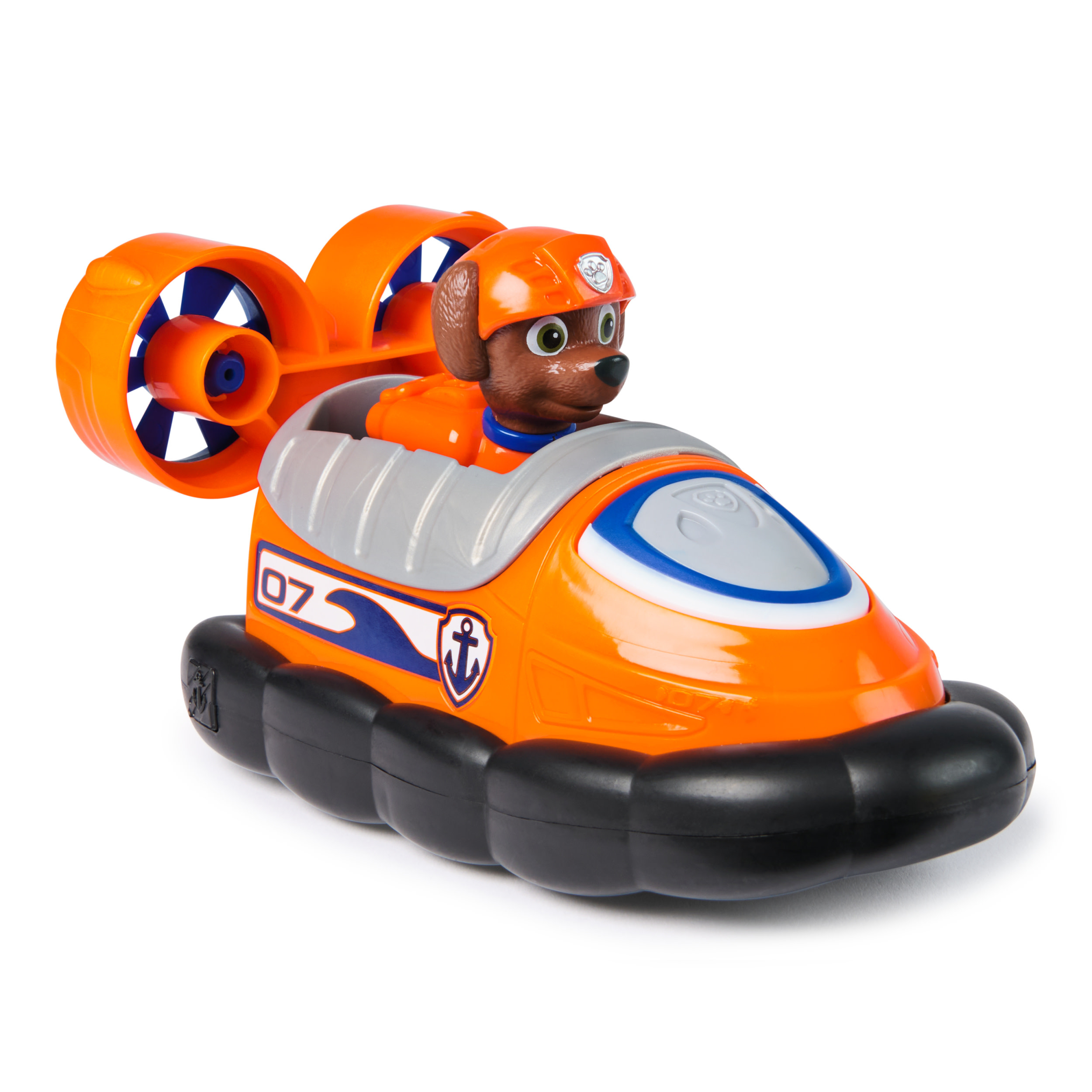 Ein orangefarbenes Paw Patrol Luftkissenfahrzeug mit Zuma als Fahrer, zwei Heckrotoren und schwarzem Unterboden.