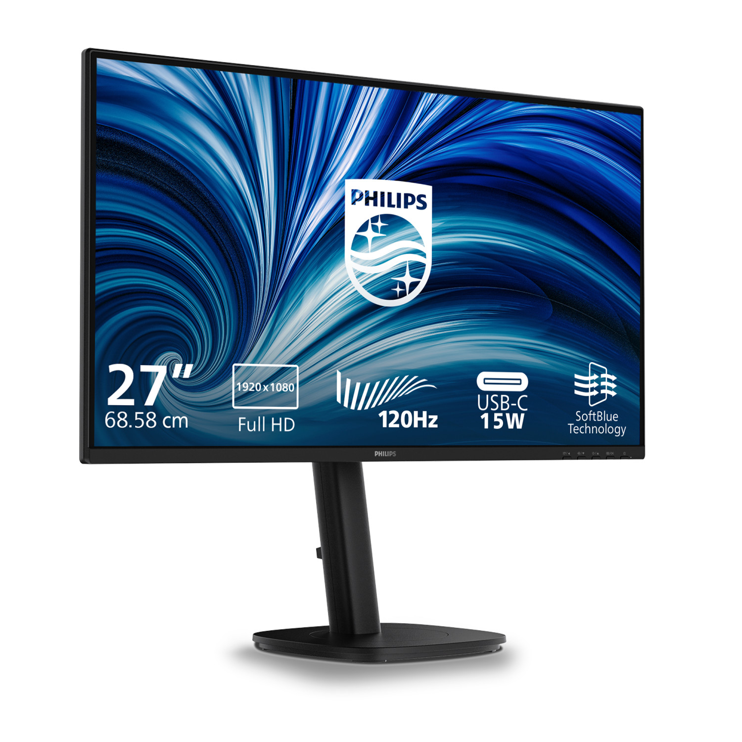 Un monitor Philips nero mostra caratteristiche come 27 pollici, Full HD, 120Hz, USB-C e SoftBlue.