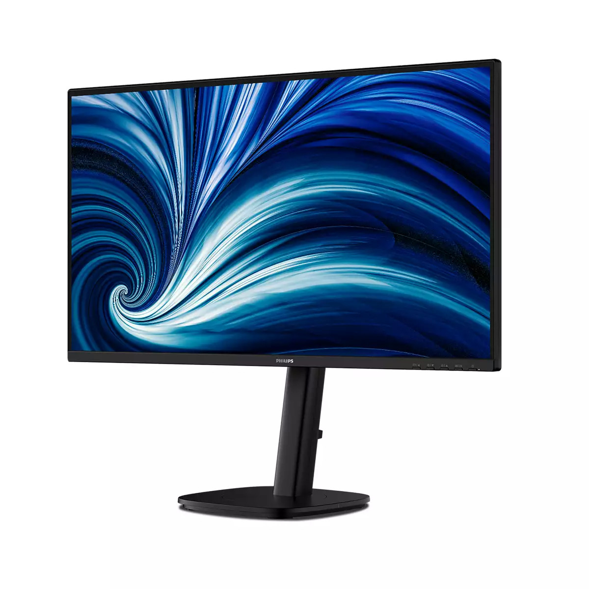 Un monitor Philips nero su supporto mostra un motivo ad onda astratta blu e bianca.