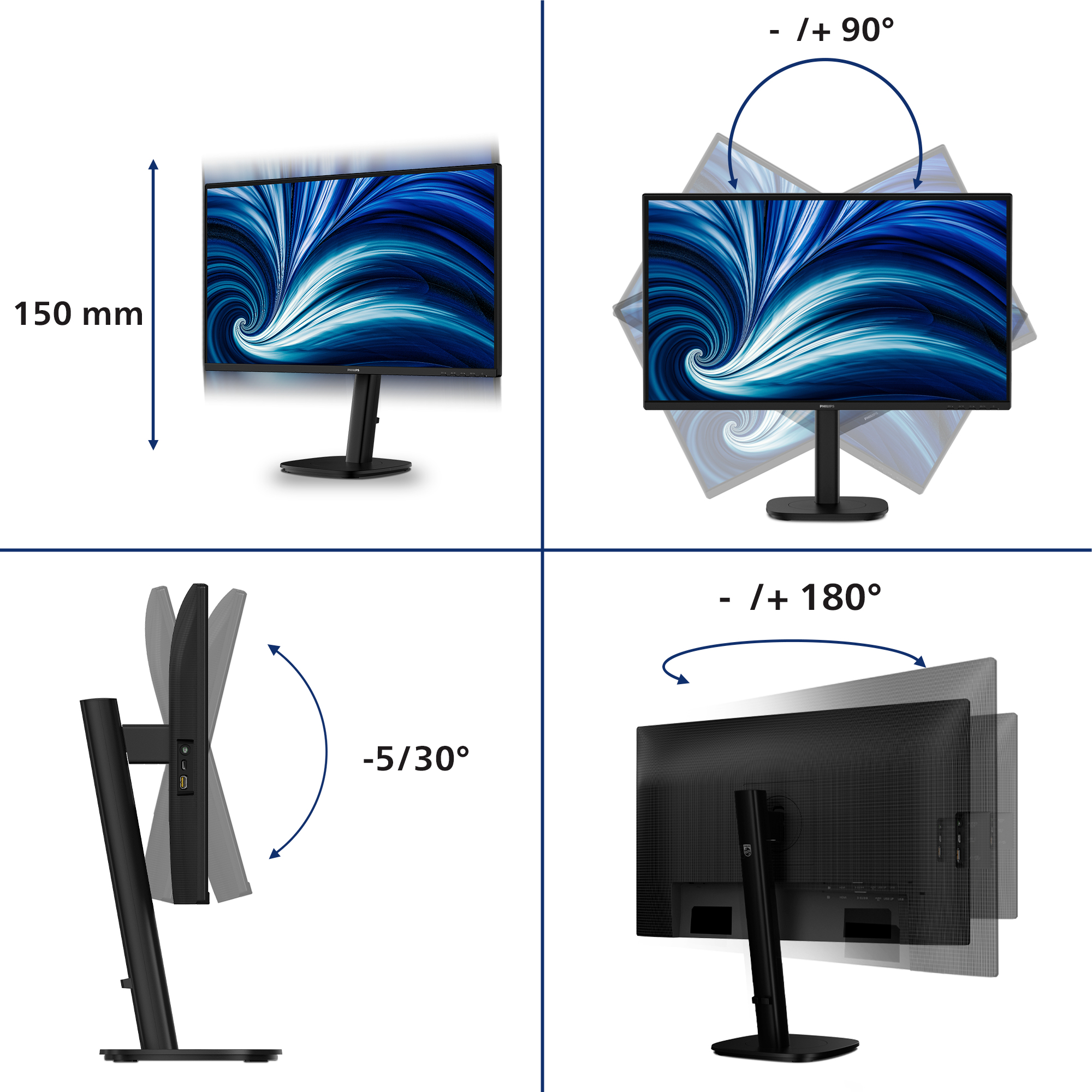 Quattro diagrammi mostrano le opzioni di regolazione ergonomica di un monitor Philips con altezza e inclinazione.