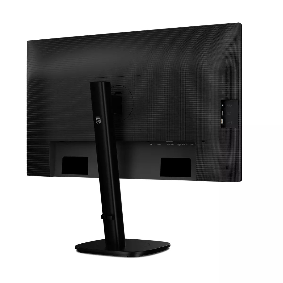 Vista posteriore di un monitor Philips nero con supporto e porte visibili su sfondo bianco.