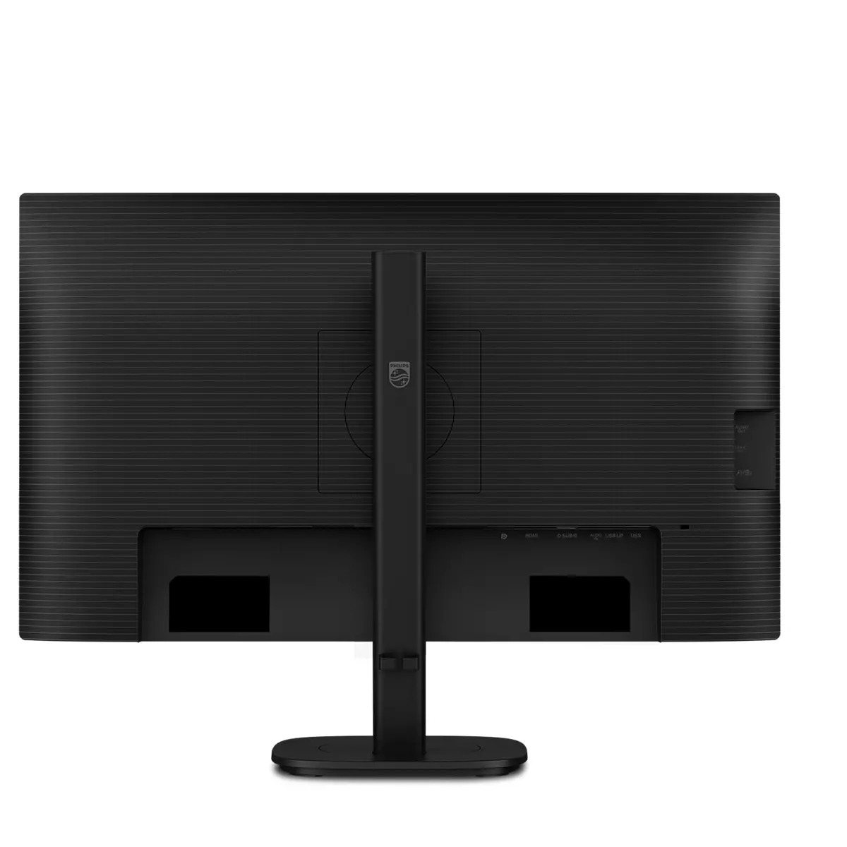 Vista posteriore di un monitor Philips nero con scocca testurizzata, supporto e porte.