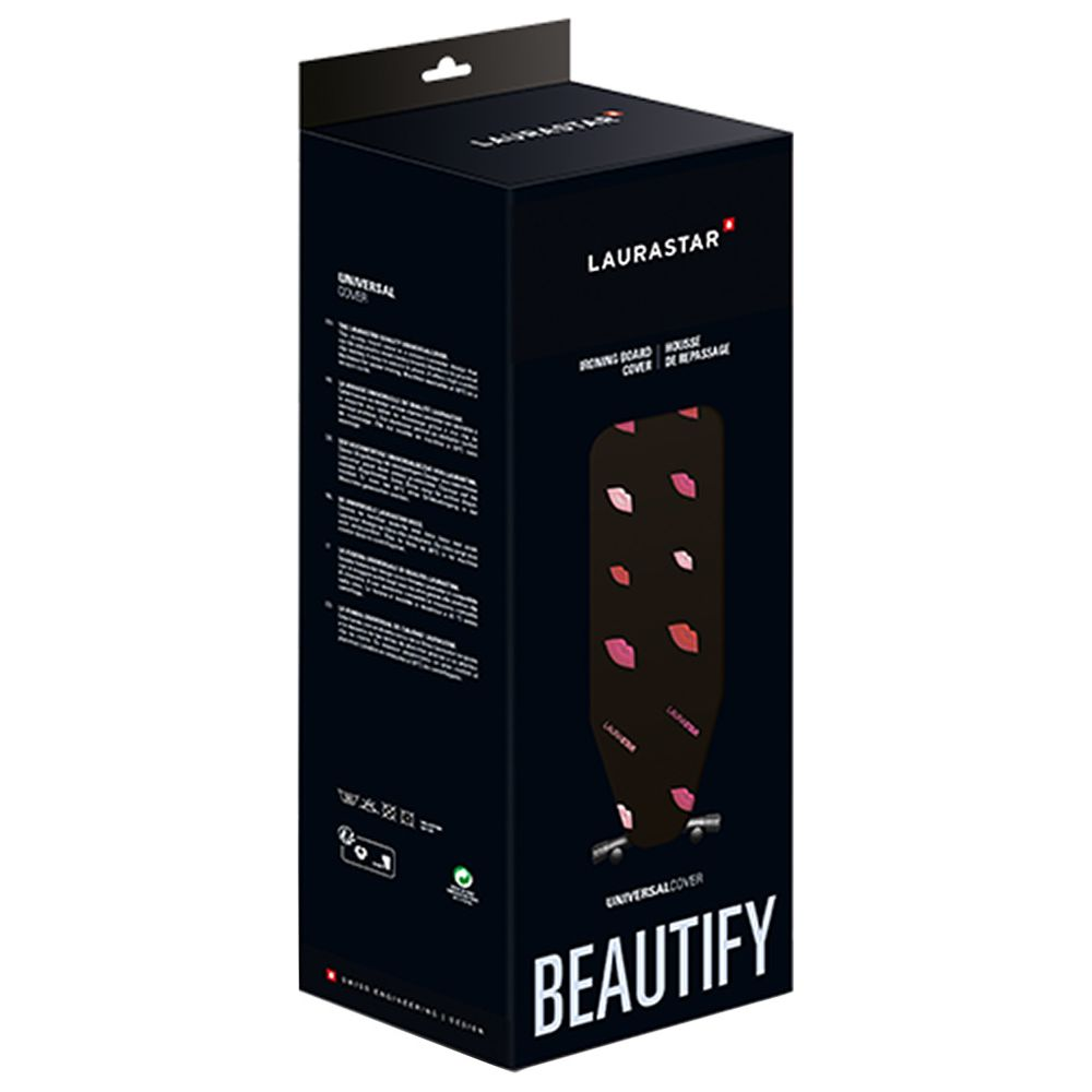 Schwarze Laurastar Bügelbrettbezug-Verpackung mit Lippenmotiv und weißer Aufschrift BEAUTIFY.