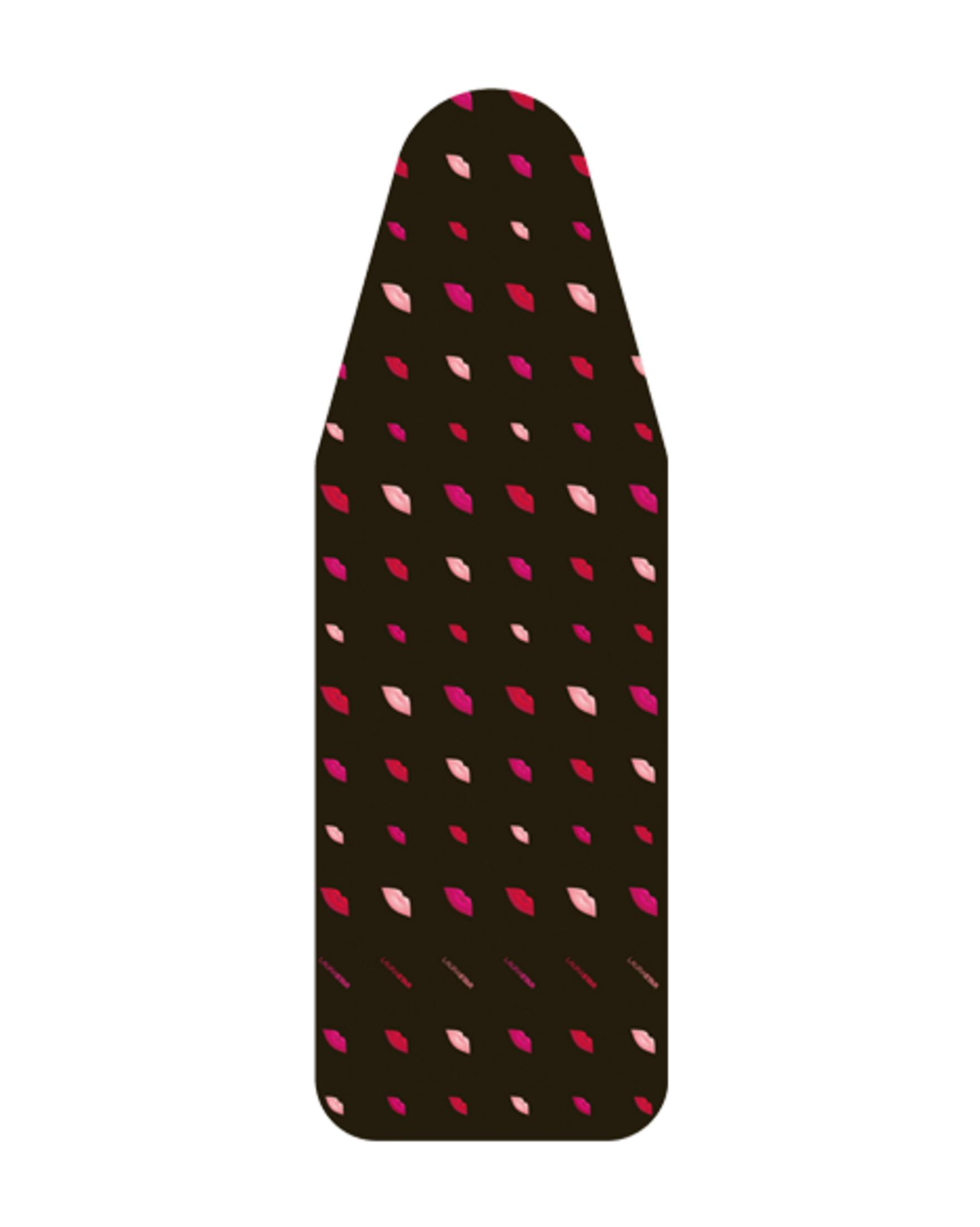 Ein schwarz-grauer Bügelbrettbezug mit einem Muster aus kleinen pinken und roten Lippen.