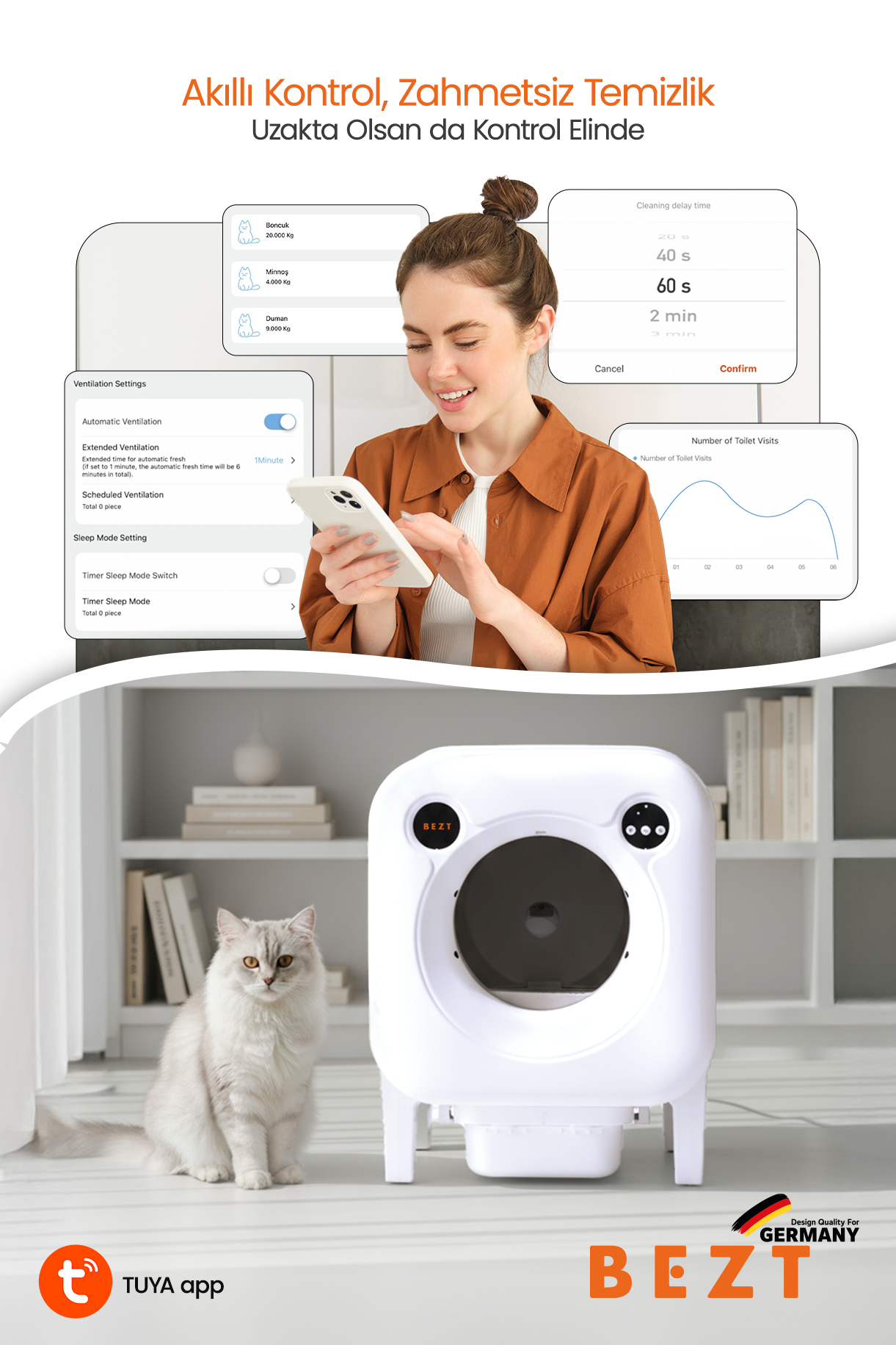 Gülümseyen kadın akıllı kedi kum kabı arayüzünün yanında telefon kullanıyor, beyaz kedi yanındadır.