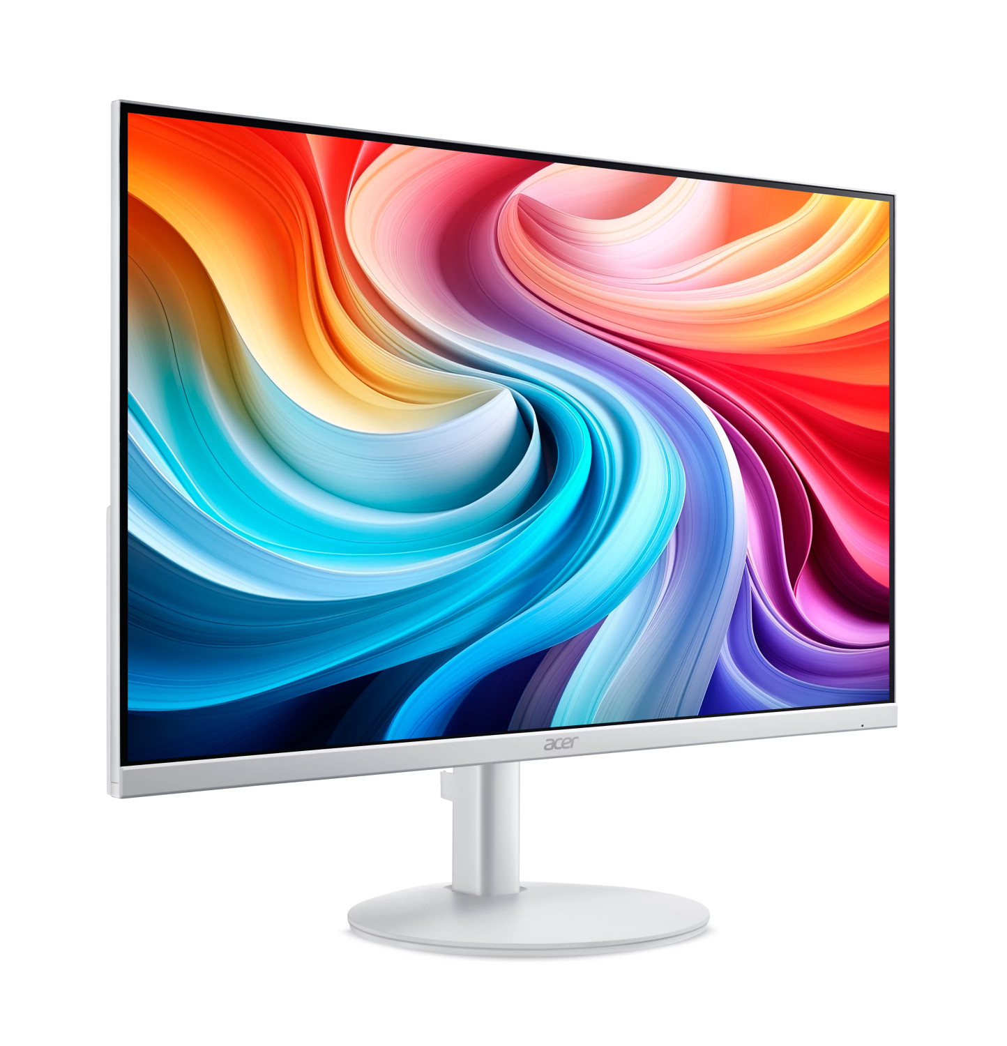 Un monitor Acer bianco mostra uno sfondo astratto e colorato su sfondo bianco.