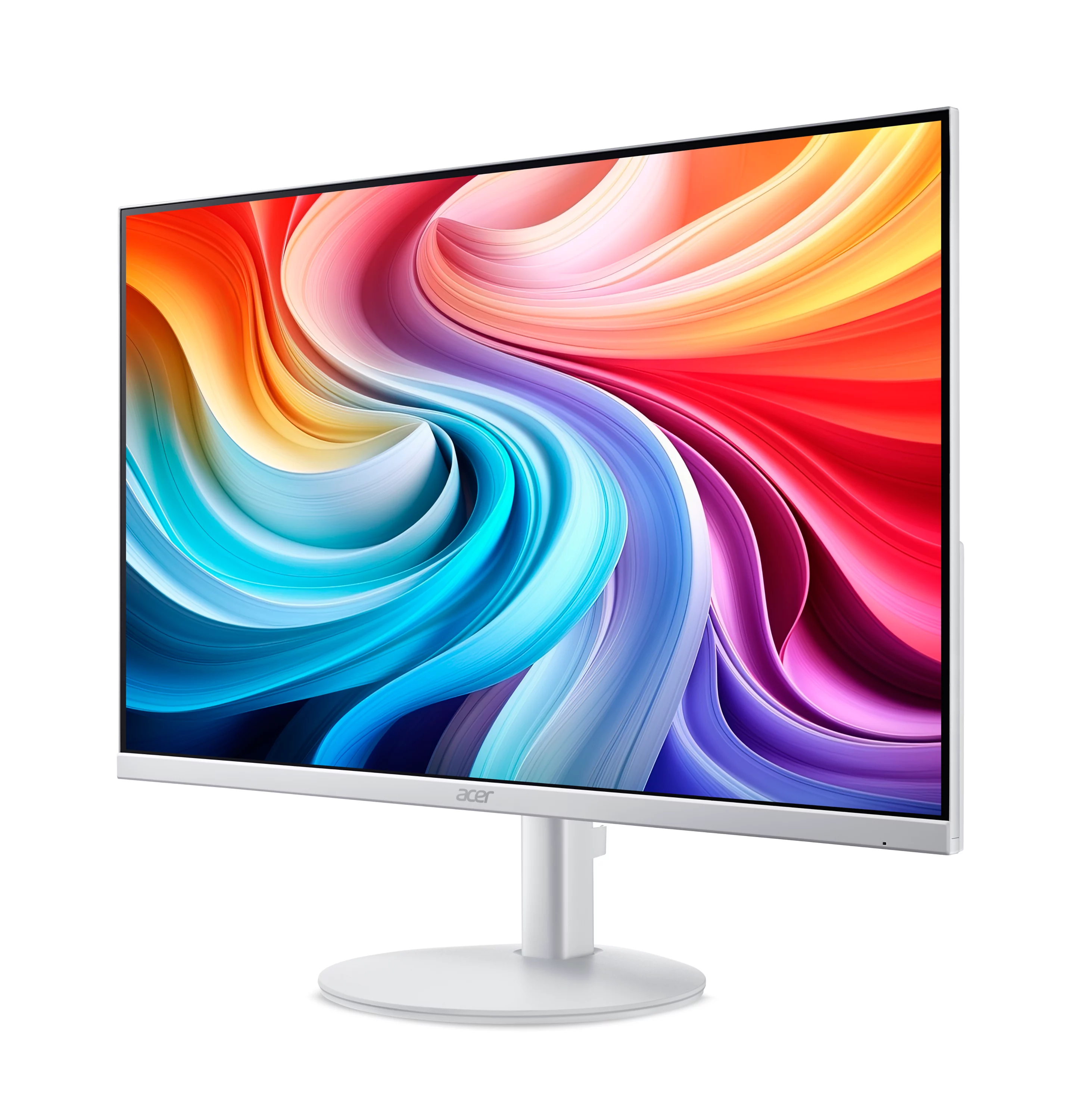 Un monitor Acer bianco mostra un motivo a onde colorato e fluido sullo schermo.