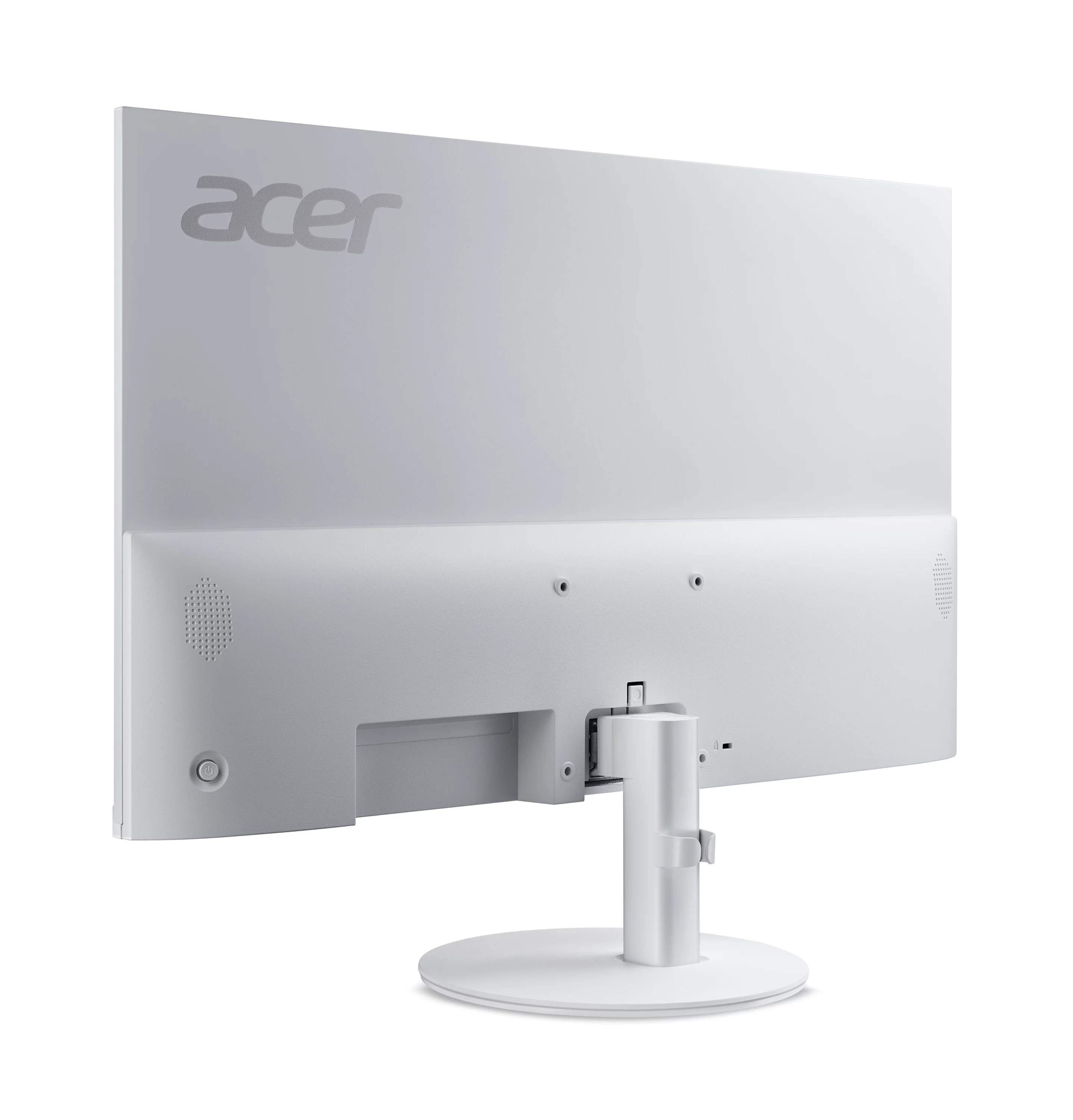 Vista posteriore di un monitor Acer bianco con supporto su sfondo bianco.